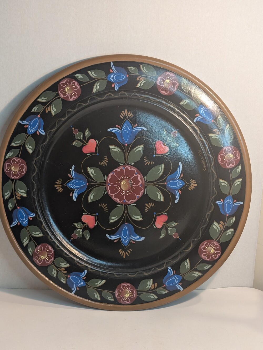 VTG hand painted tole Pennsylvania dutch floral primitive painting wooden plate